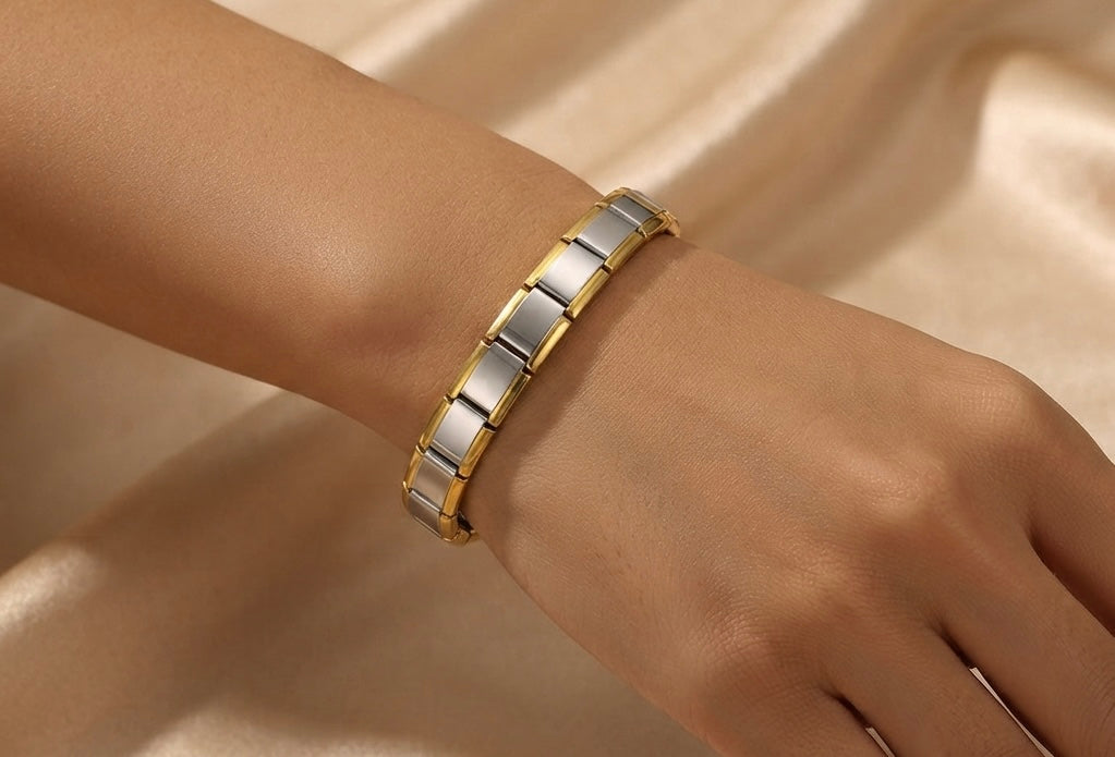 Pulsera Italiana Bicolor con Centro Plateado