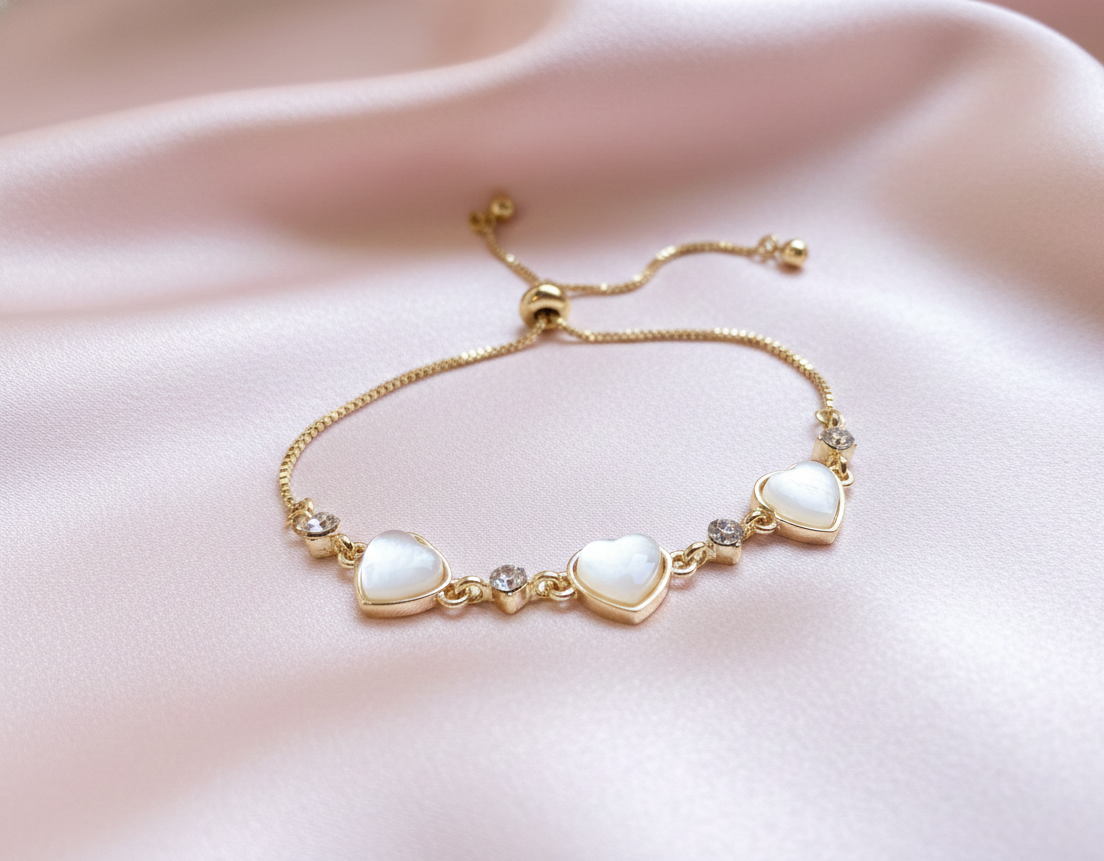 Pulsera 3 Corazones madre Perla y Zirconia