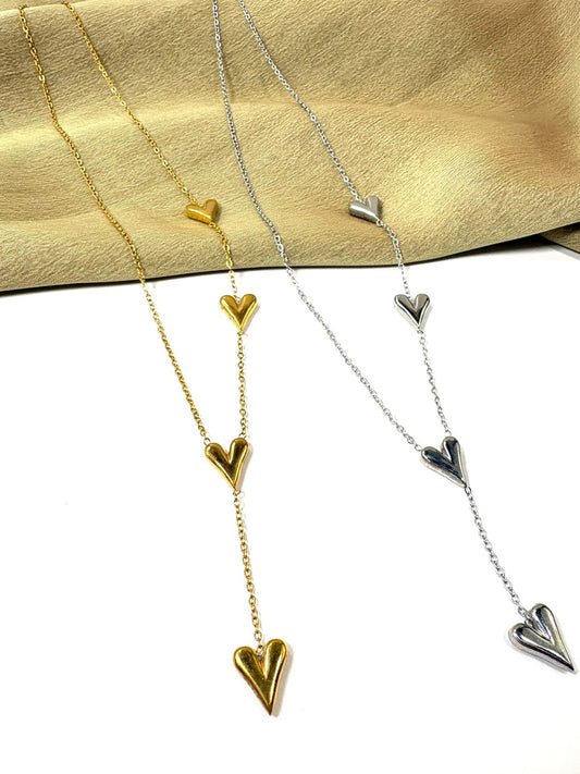 Collar 4 Corazones Corbata Dorado y Plateado