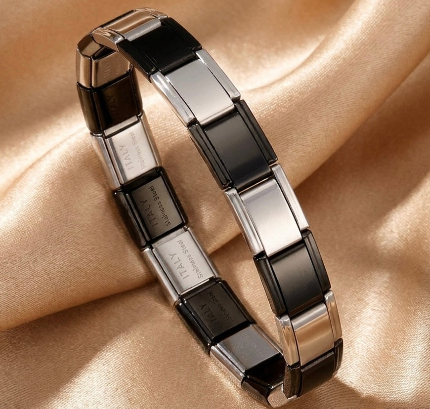 Pulsera Italiana Bicolor Negra con Plata