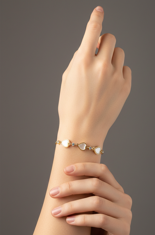 Pulsera 3 Corazones madre Perla y Zirconia